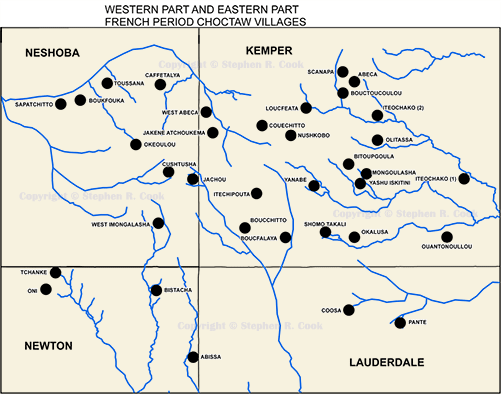 Map of Western Part and Eastern Part French Period Choctaw Villages
