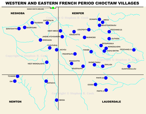 Map of Western Part and Eastern Part French Period Choctaw Villages