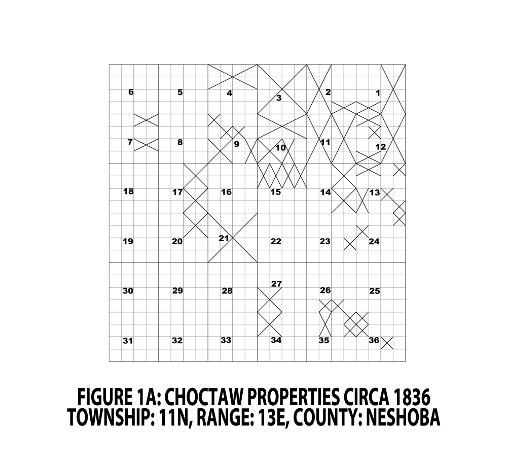 FIGURE 1 A - CHOCTAW PROPERTIES CIRCA 1836; TOWNSHIP: 11N, RANGE: 13E, COUNTY: NESHOBA