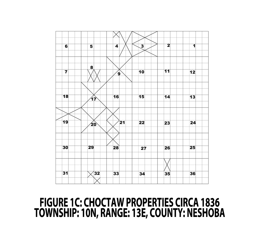 FIGURE 1C -CHOCTAW PROPERTIES CIRCA 1836; TOWNSHIP: 10N, RANGE: 13E, COUNTY: NESHOBA