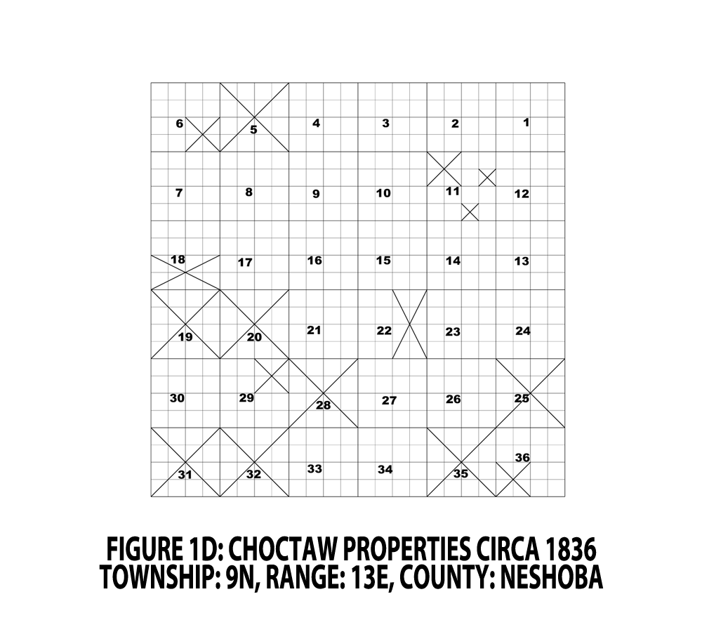 FIGURE 1D - CHOCTAW PROPERTIES CIRCA 1836; TOWNSHIP: 9N, RANGE: 13E, COUNTY: NESHOBA