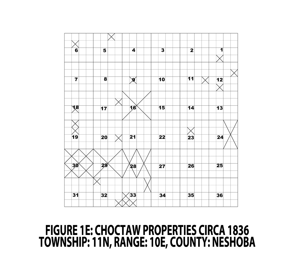 FIGURE 1E - CHOCTAW PROPERTIES CIRCA 1836; TOWNSHIP: 11N, RANGE: 10E, COUNTY: NESHOBA