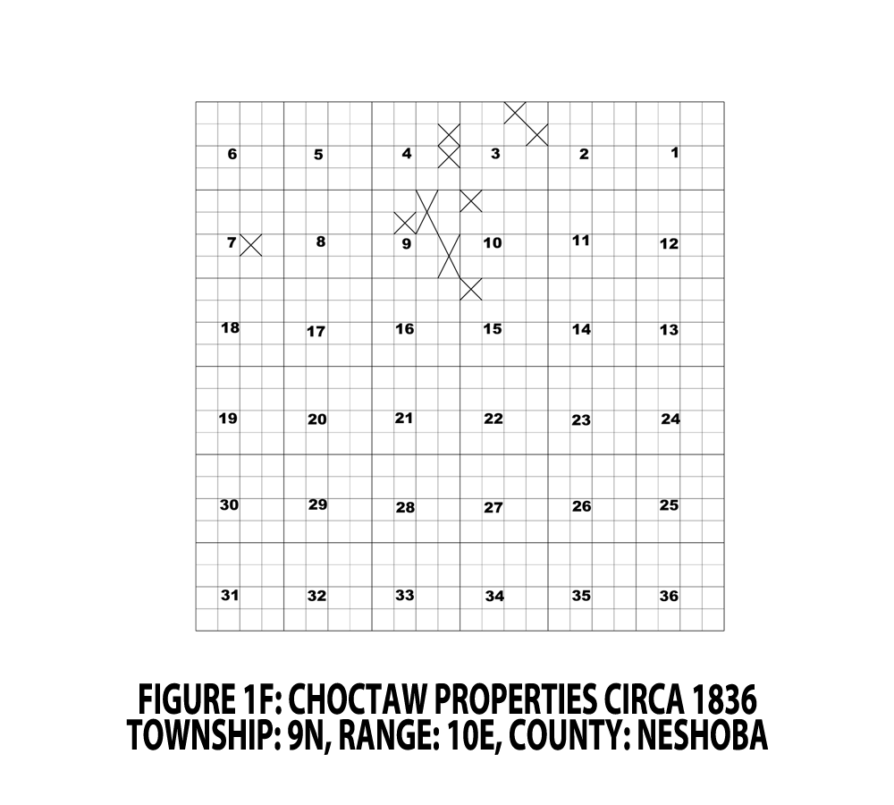 FIGURE 1F - CHOCTAW PROPERTIES CIRCA 1836; TOWNSHIP: 9N, RANGE: 10E, COUNTY: NESHOBA