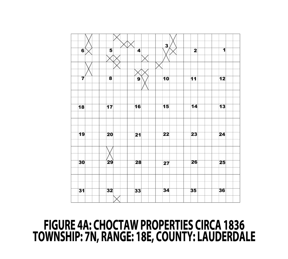 FIGURE 4A - CHOCTAW PROPERTIES CIRCA 1836; TOWNSHIP: 7N, RANGE: 18E, COUNTY: LAUDERDALE