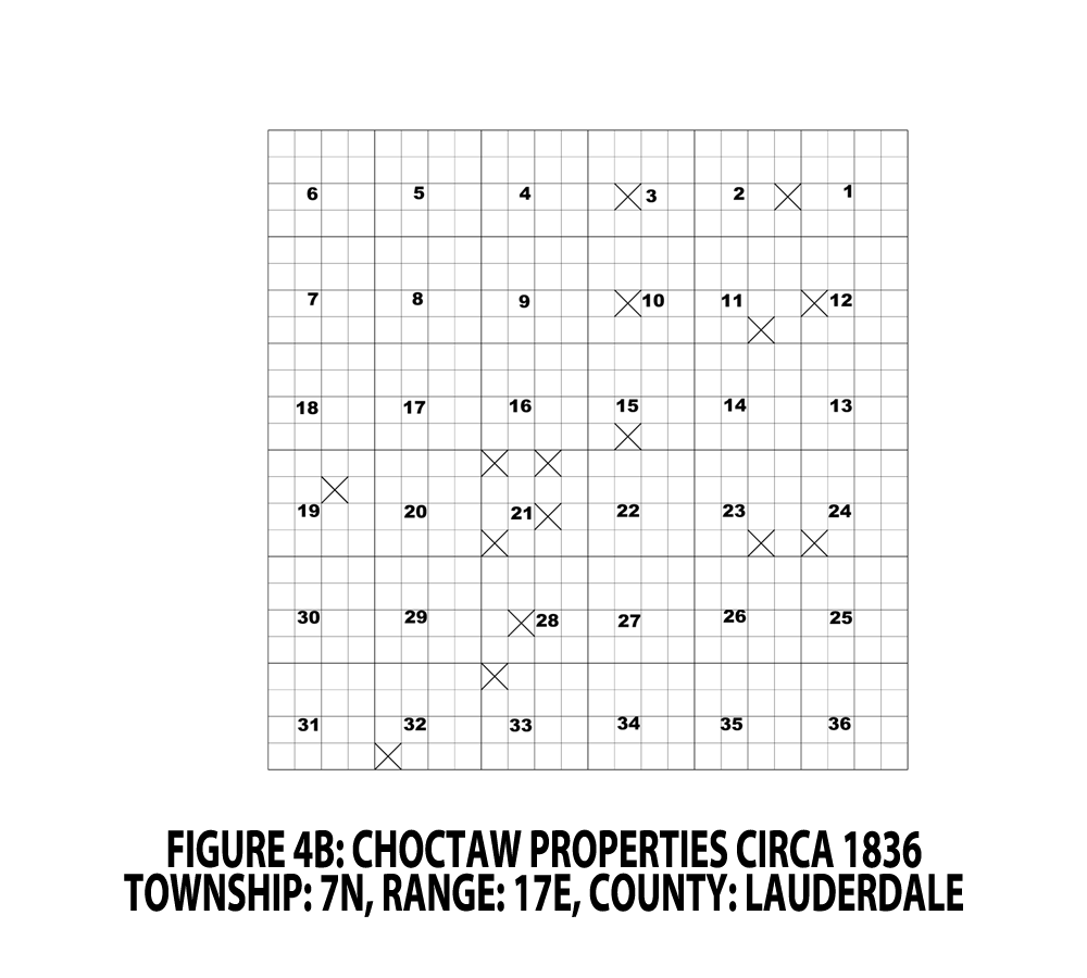 FIGURE 4B - CHOCTAW PROPERTIES CIRCA 1836; TOWNSHIP: 7N, RANGE: 17E, COUNTY: LAUDERDALE