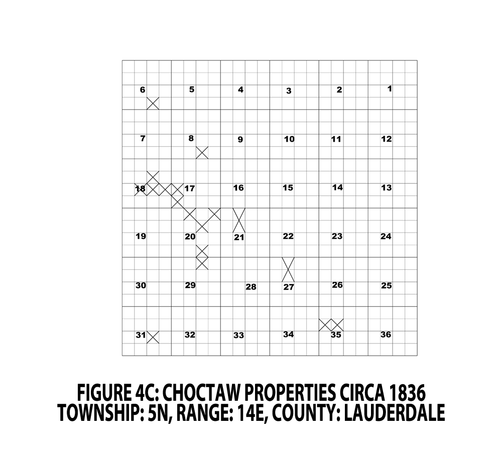 FIGURE 4C - CHOCTAW PROPERTIES CIRCA 1836; TOWNSHIP: 5N, RANGE: 14E, COUNTY: LAUDERDALE