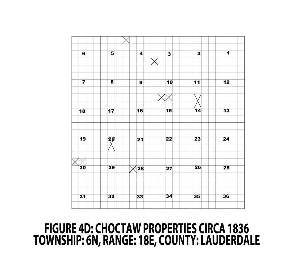 FIGURE 4D - CHOCTAW PROPERTIES CIRCA 1836; TOWNSHIP: 6N, RANGE: 18E, COUNTY: LAUDERDALE