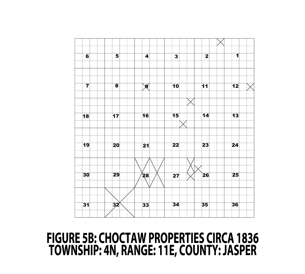 FIGURE 5B - CHOCTAW PROPERTIES CIRCA 1836; TOWNSHIP: 4N, RANGE: 11E, COUNTY: JASPER