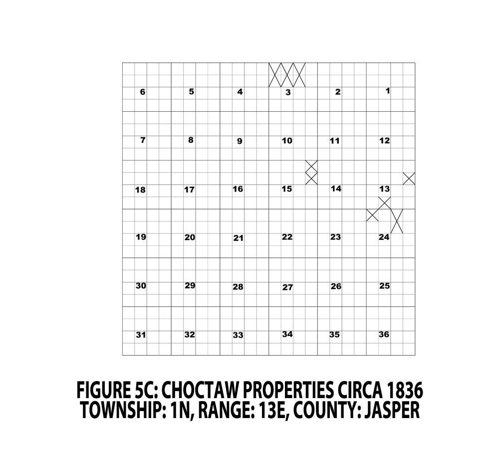 FIGURE 5C - CHOCTAW PROPERTIES CIRCA 1836; TOWNSHIP: 1N, RANGE: 13E, COUNTY: JASPER
